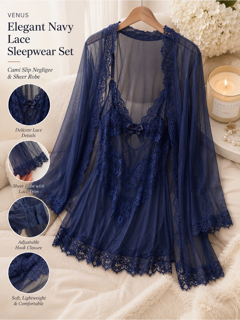 6 hour sale! Elegant Navy Lace Sleepwear Set